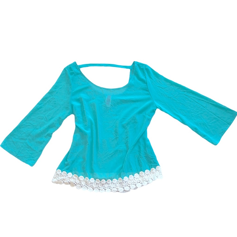 Teal and white floral crochet dressy top